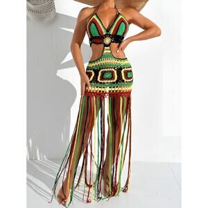Shein Curve Women Boho Resortwear Cutout Fringe Crochet Beach Dress Cover Up 2XL